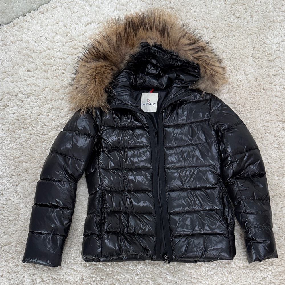 Moncler Maya Black Puffer Jacket with Faux Fur Trim